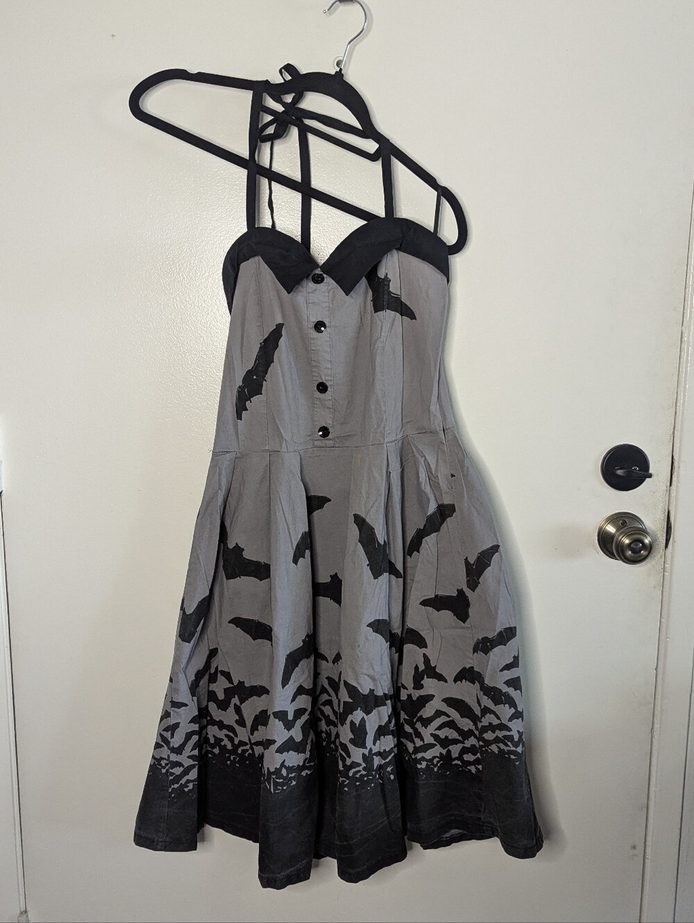 Sourpuss Grey And Black Bat Halter Dress 2XL No pockets Missing Hanger Tab